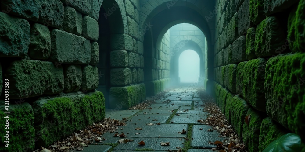 Poster mysterious stone passageway a pathway through time, leading to an unknown destination, shrouded in a