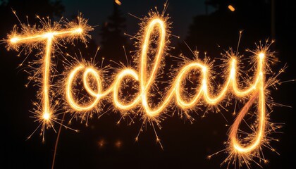 The word Today is beautifully crafted with glowing sparklers, radiating warmth and joy against a dark backdrop. This captivating image embodies the spirit of celebration and the excitement of living