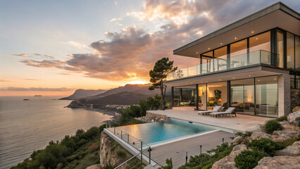 modern luxury villa with elegant swimming pool with panoramic views of sun-drenched azure sea coast