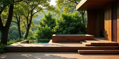 Serene Wooden Deck Oasis with Plunge Pool and Hot Tub, Overlooking Lush Greenery