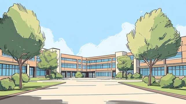  A hand-drawn illustration of the front view of school buildings with trees and bushes in a comic style.