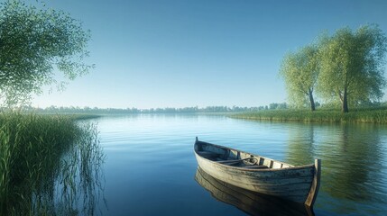 Obraz premium A serene pond with a small wooden boat and lush greenery.