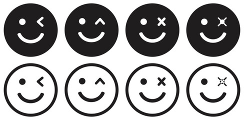 Set of Black and White Emoticons. Isolated On Transparent Background.
