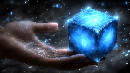 Obraz premium Glowing Blue Cube Held in a Hand Mystical Energy Cosmic Power