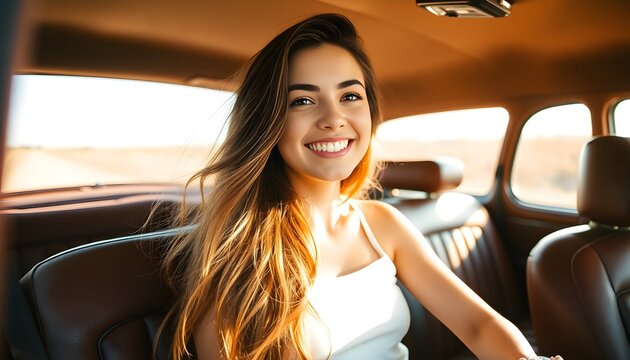 A young woman with long, flowing hair sits in the backseat of a vintage car, smiling joyfully. Sunlight filters through the windows, creating a warm and nostalgic atmosphere. The interior features cla