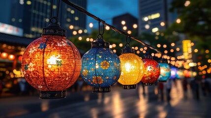 Taipei's Colorful Night Market: A Vibrant and Bustling Scene with Lanterns and Long Exposures