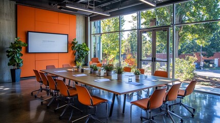 A conference room with long tables and orange chairs.