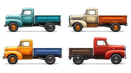 Fototapeta premium A set of classic vintage trucks on a white isolated background