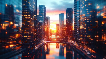 Fototapeta premium A vibrant city skyline at sunset, with towering skyscrapers and bustling streets reflected in the calm waters of a nearby river.