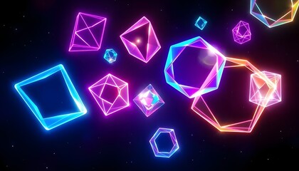 A collection of holo abstract 3D shapes, featuring luminous geometric forms that float in mid-air, each pulsating with vibrant colors like electric blues, radiant pinks, and luminous greens. The shape