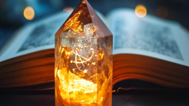 A magical scene featuring an ancient book filled with cryptic writing, paired with a glowing crystal engraved with celestial symbols. The warm, enchanting light from the crystal illuminates 