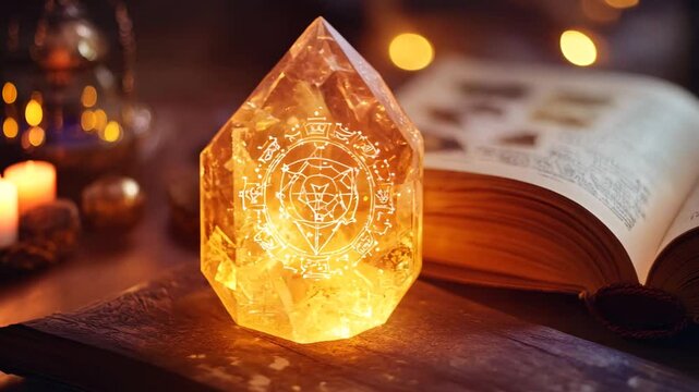 A magical scene featuring an ancient book filled with cryptic writing, paired with a glowing crystal engraved with celestial symbols. The warm, enchanting light from the crystal illuminates 