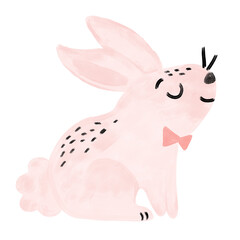 watercolor cute baby easter rabbit bunny wearing bow pastel crayon doodle spring season pink peach  color forest animal illustration png transparent digital sticker nursery clipart