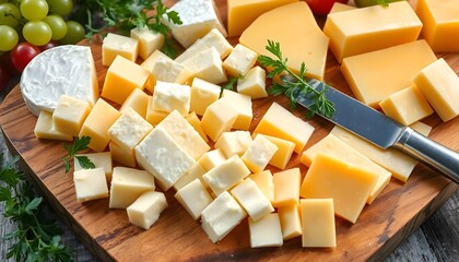 Cheese dices and slices, a vibrant display of various types of cheese artfully cut into perfect cubes and thin slices. The scene is set on a rustic wooden cutting board, surrounded by fresh herbs, fru