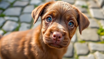 A close-up of an adorable brown puppy, its soft fur glistening in the light, with large, expressive eyes that sparkle with curiosity as it looks intently at the camera. Its ears are slightly floppy, a