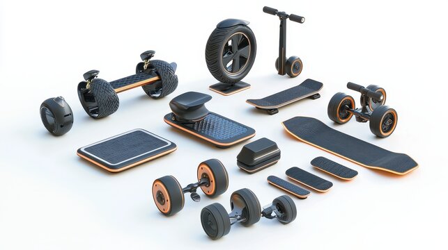 A set of electric skateboards and hoverboards on a white isolated background