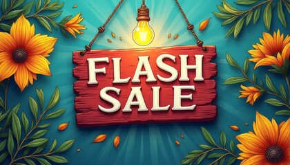 A striking wooden sign with the words FLASH SALE illuminated by a glowing light bulb captures attention against a rich teal background. Surrounded by cheerful sunflowers and leafy accents, this image