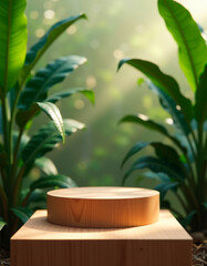 Wooden podium in farm display for food, perfume, and other products with nature background, morning sunlight