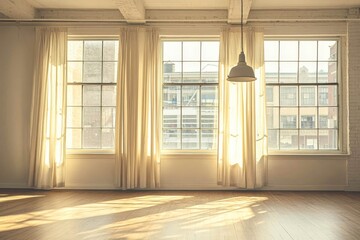 A spacious empty room in an urban apartment, featuring two large windows with light curtains and a vintage hanging light fixture.