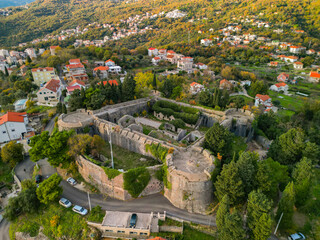 Fototapeta premium Aerial view of the historic Spanish Fortress Spanjola and old town houses in Herceg Novi, Montenegro 