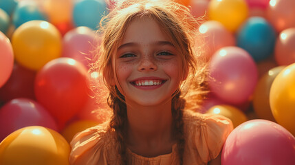 Smiling girl among colorful balloons.