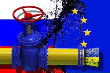 A gas pipe with the inscription "Nord Stream-2". The pipe is plugged with a wine stopper with the texture of the flag of Ukraine