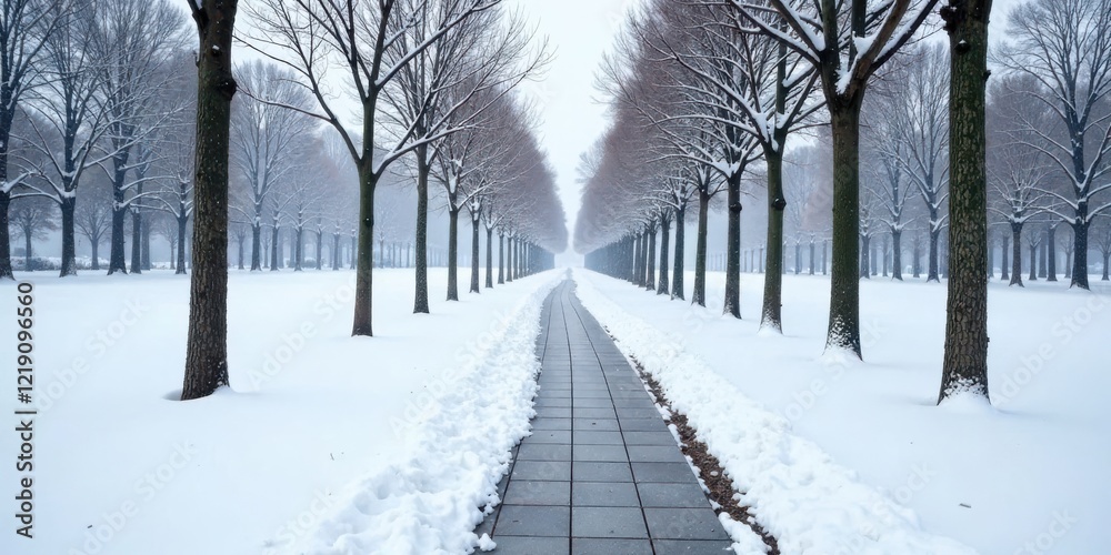 Poster a snow-covered pathway winds through a serene winter landscape, bordered by rows of snow-laden trees