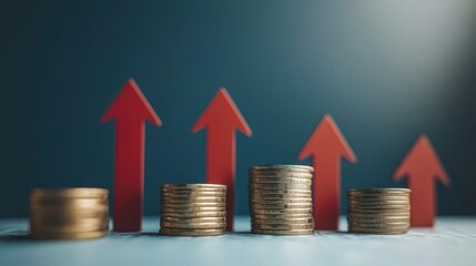 Arrows pointing up and down on a blue background with a stock market graph, coins in the foreground. a business growth concept.