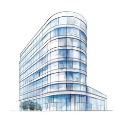 A watercolor painting depicts a modern glass building with a curved facade and multiple windows reflecting a city scene.
