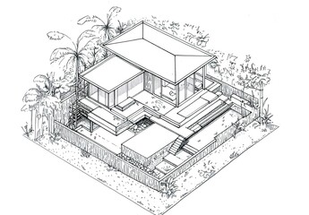 Simple line drawing of an isometric view of a Bali villa, white background, black ink on paper, minimalistic.