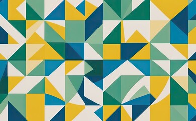 A vibrant abstract geometric pattern with intersecting shapes in shades of yellow, teal, green, and white.