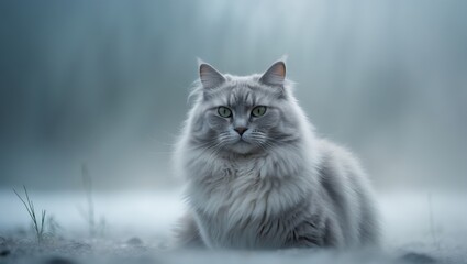 A serene gray cat sits calmly in a misty environment, exuding a sense of tranquility and majesty.