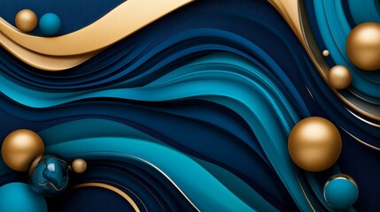 Abstract design featuring flowing teal and gold wave with spheres on a dark background