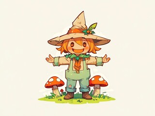 Adorable Little Scarecrow: A whimsical illustration of a cheerful scarecrow with orange hair wearing a wide-brimmed hat, standing amidst toadstools in a green field.