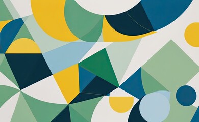 Obraz premium A vibrant abstract geometric pattern with intersecting shapes in shades of yellow, teal, green, and white.