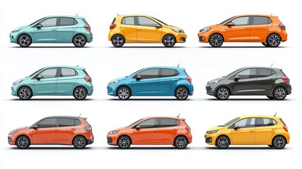 A set of compact city cars and hatchbacks on a white isolated background