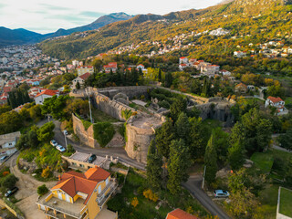 Fototapeta premium Aerial view of the historic Spanish Fortress Spanjola and old town houses in Herceg Novi, Montenegro 