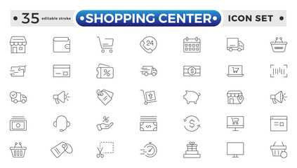Shopping center outline icon. E-Commerce line icon set. e-commerce, mobile shop, digital marketing, business, sale, delivery and others. online payment price product. Editable stroke outline icon. 