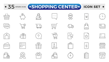 Shopping center outline icon. E-Commerce line icon set. e-commerce, mobile shop, digital marketing, business, sale, delivery and others. online payment price product. Editable stroke outline icon. 