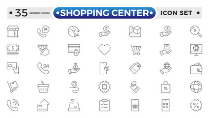 Shopping center outline icon. E-Commerce line icon set. e-commerce, mobile shop, digital marketing, business, sale, delivery and others. online payment price product. Editable stroke outline icon. 