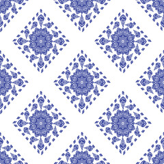 seamless pattern of blue and white ethnic diamond shape vintage floral motif for wallpaper and tile