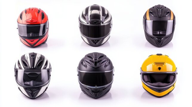 A set of different types of helmets for motorcycle and cycling on a white isolated background
