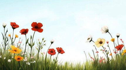 Vibrant Flower Field Under Light Blue Sky with Soft Clouds