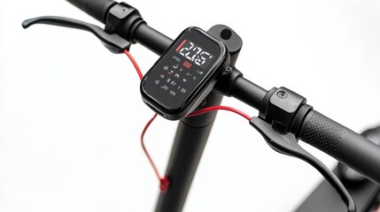A close-up of an electric scooter with a digital display on a white isolated background
