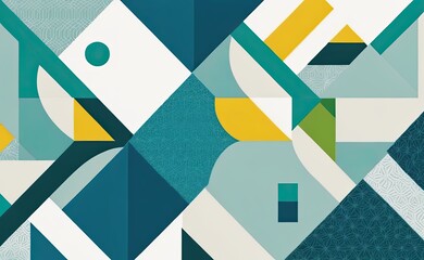 A vibrant abstract geometric pattern with intersecting shapes in shades of yellow, teal, green, and white.