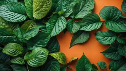 Fototapeta premium Lush green leaves against a vibrant orange background, showcasing natural textures and colors in a harmonious composition.