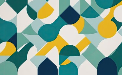 A vibrant abstract geometric pattern with intersecting shapes in shades of yellow, teal, green, and white.