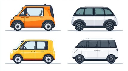 A set of compact city vehicles with electric powertrains on a white isolated background