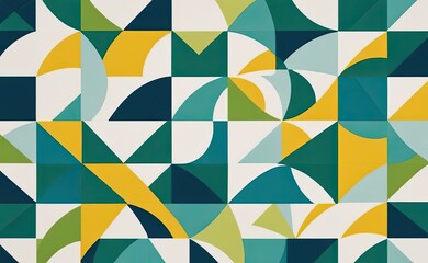 A vibrant abstract geometric pattern with intersecting shapes in shades of yellow, teal, green, and white.