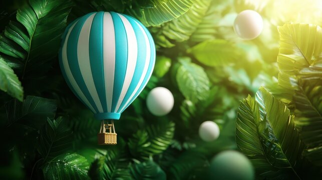 A striking hot air balloon with classic teal and white stripes sits amongst lush green plants, symbolizing adventure and serenity, crafting a harmonious visual experience in nature.